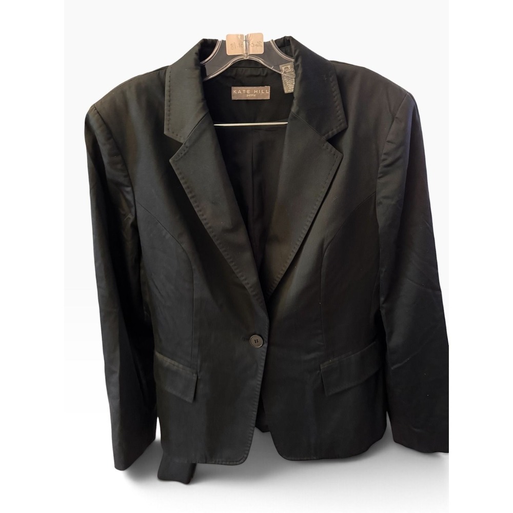 Kate Hill Petite Black One Button Blazer Jacket Size 12P Cotton Rayon Blend